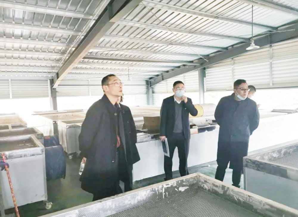 (圖為∶譚軍一行在茶場車間察看工程進度)